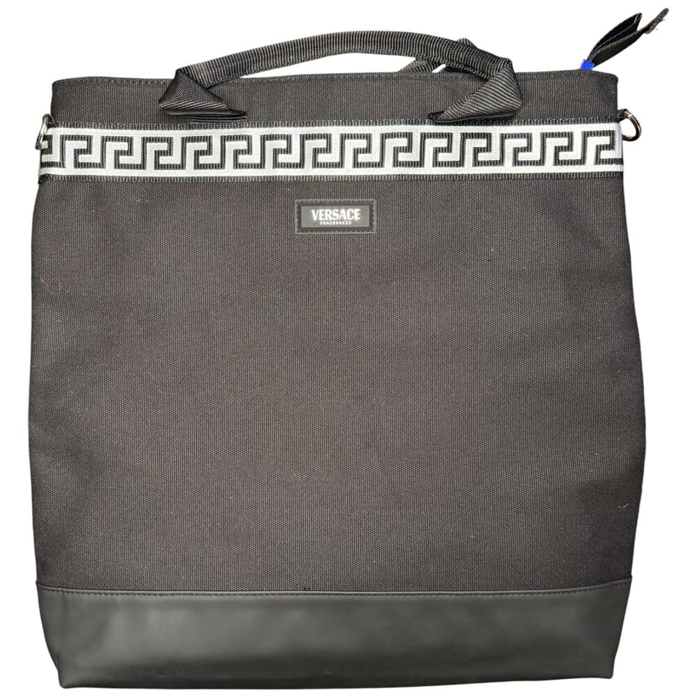 VERSACE Fragrance Black Canvas Tote Bag Top Zip Shoulder Strap Greek Key Travel